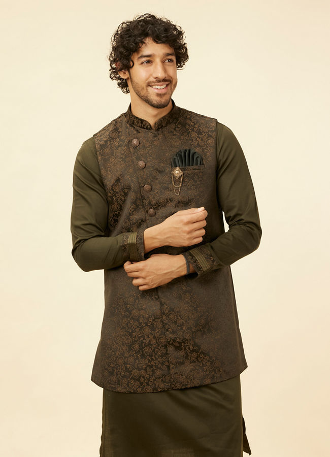 alt message - Manyavar Men Olive Green Bel Buti Patterned Kurta Jacket Set image number 0